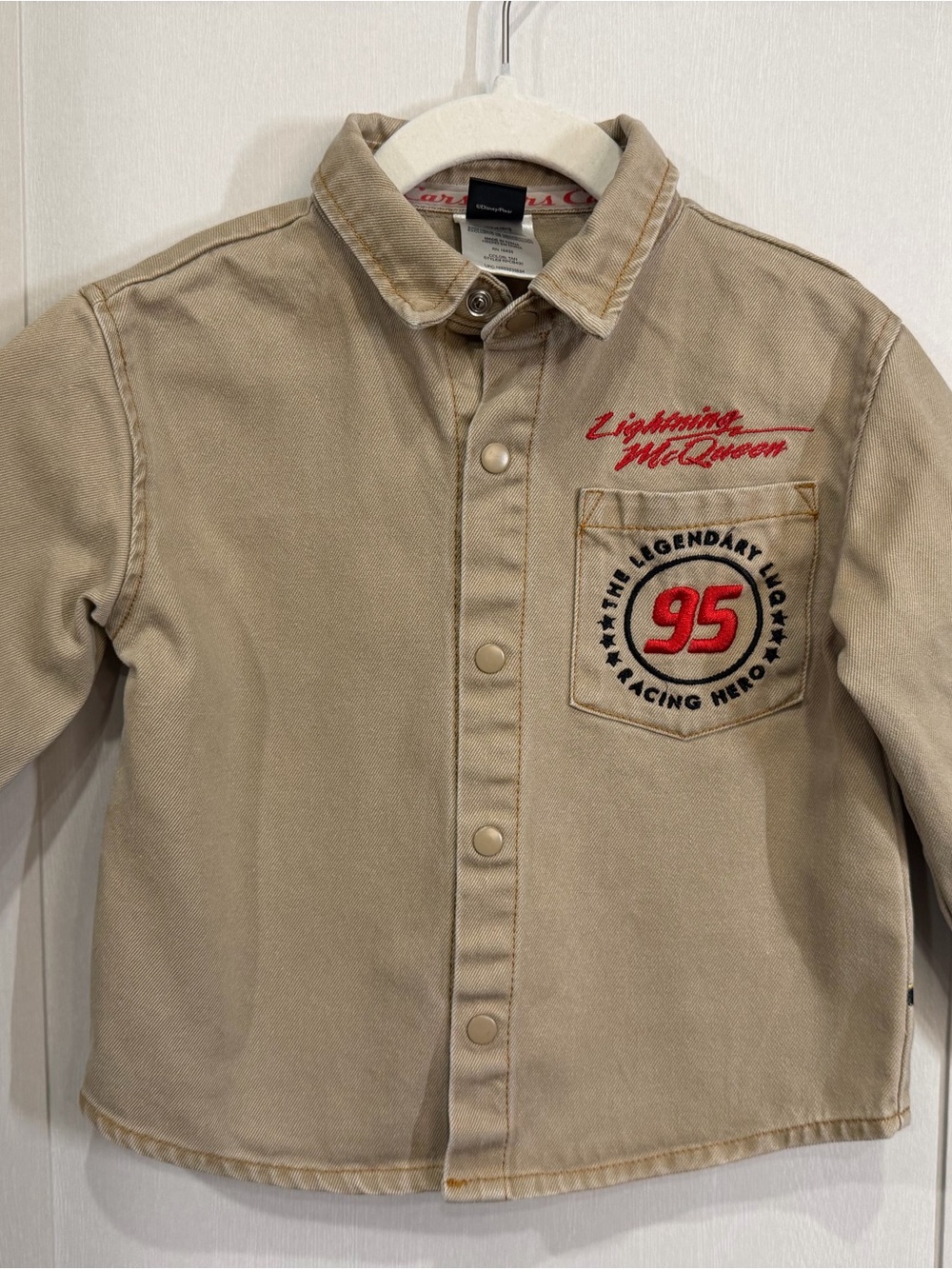 Disney Beige Button-Front Kids Shirt with Red Racing Patch